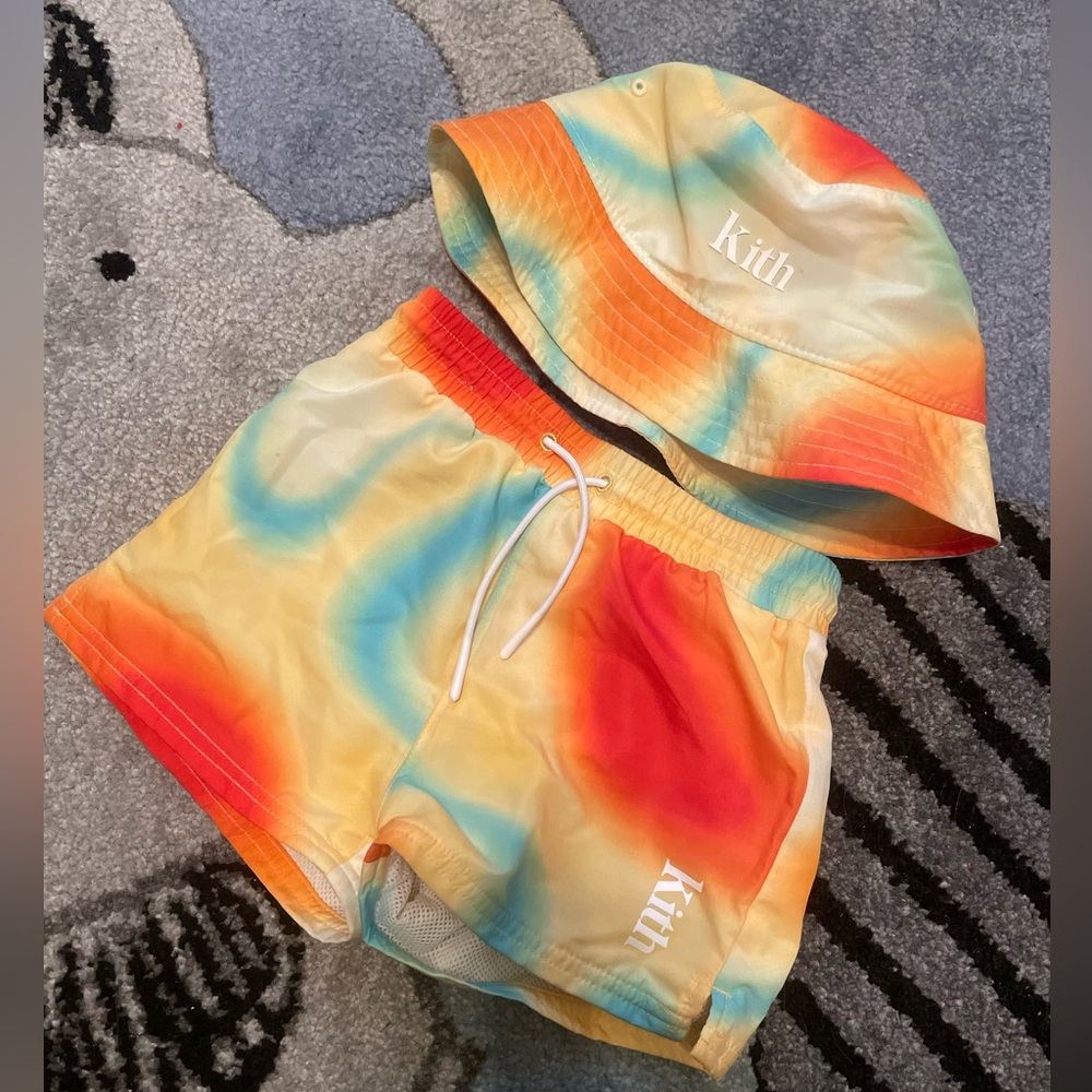 Kith swim trunks and bucket hat. Size 18 months.